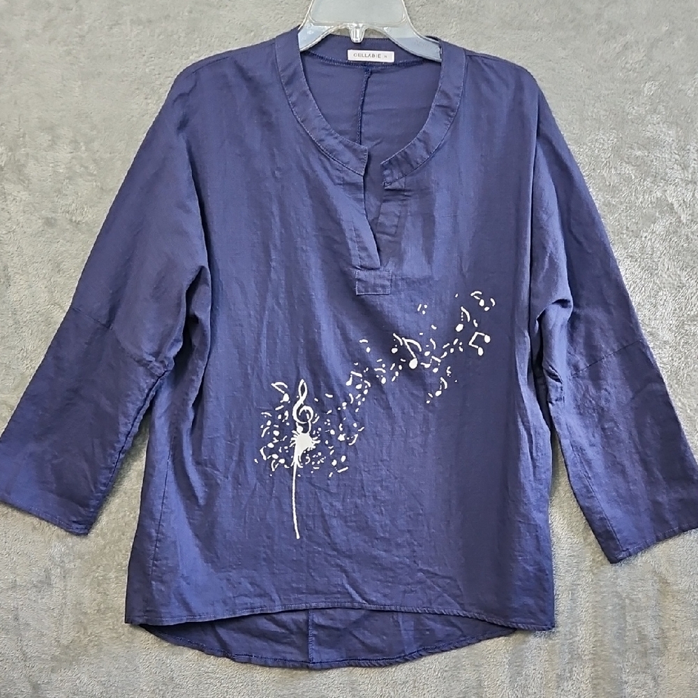 Cellabie Blue Women's Tunic Top Music Note Roll Tab Sleeve Sz XL